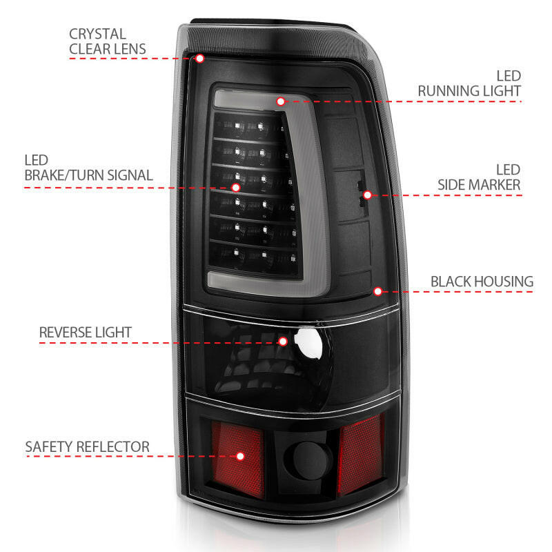 ANZO 1999-2002 Chevy Silverado 1500 LED Taillights Plank Style Black w/Clear Lens Tail Lights ANZO