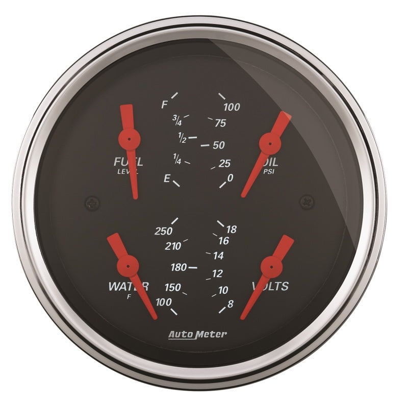 Autometer Designer Black 3.375in Quad Gauge - Fuel Level / Oil Pressure / Water Temp. / Voltmeter Gauges AutoMeter