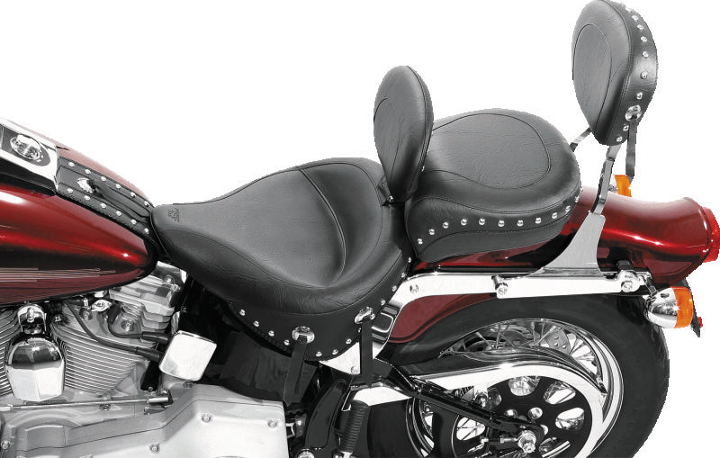 Mustang 84-06 Harley Standard Rear Tire Wide Touring Solo Seat w/Driver Backrest Studs - Black Solo Motorcycle Seats Mustang Motorcycle