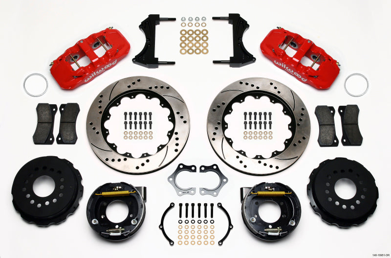 Wilwood AERO4 Rear P-Brake Kit 14.00in Drill Red Mopar/Dana 2.36in Off w/Snap Ring Bearing Big Brake Kits Wilwood