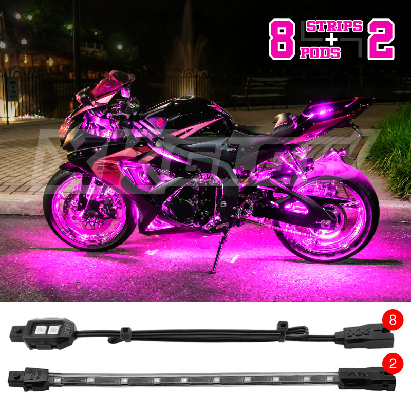 XK Glow Strips Single Color XKGLOW LED Accent Light Motorcycle Kit Pink - 8xPod + 2x8In Light Accessories and Wiring XKGLOW