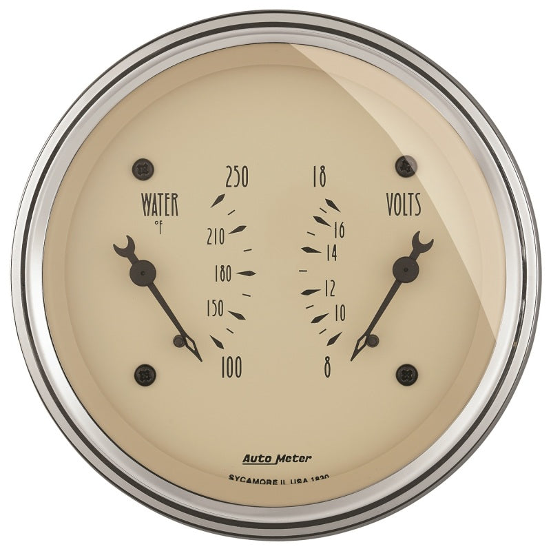 AutoMeter Gauge Dual Wtmp & Volt 3-3/8in. 250 Deg. F & 18V Elec Antq Beige Gauges AutoMeter