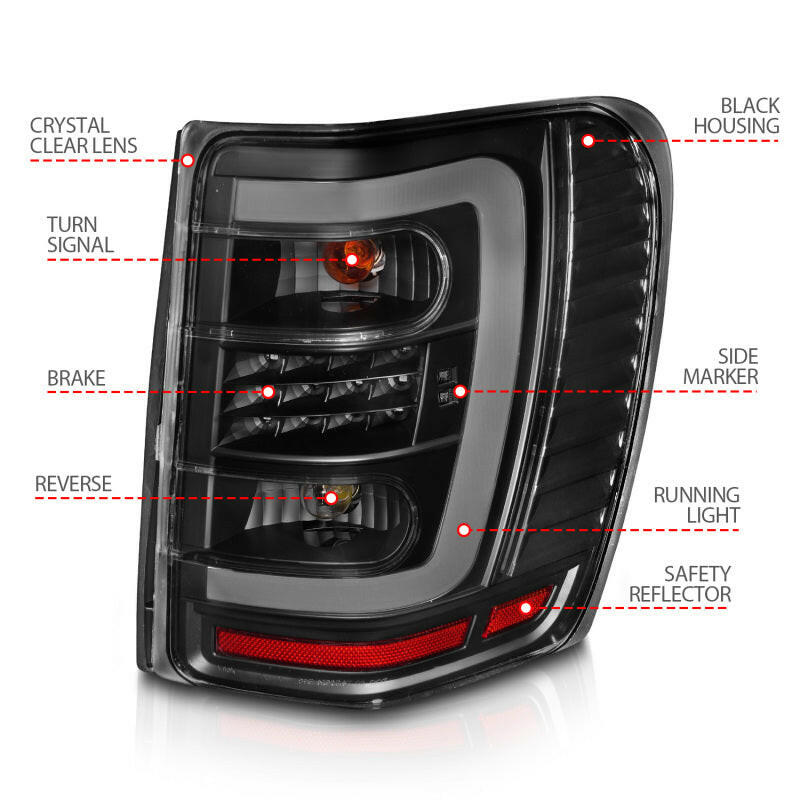 ANZO 1999-2004 Jeep Grand Cherokee LED Tail Lights w/ Light Bar Black Housing Clear Lens Tail Lights ANZO