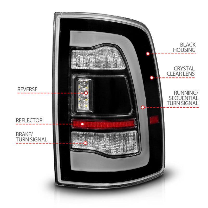 ANZO 09-18 Dodge Ram 1500 Sequential LED Taillights Black w/Switchback Amber Signal Tail Lights ANZO