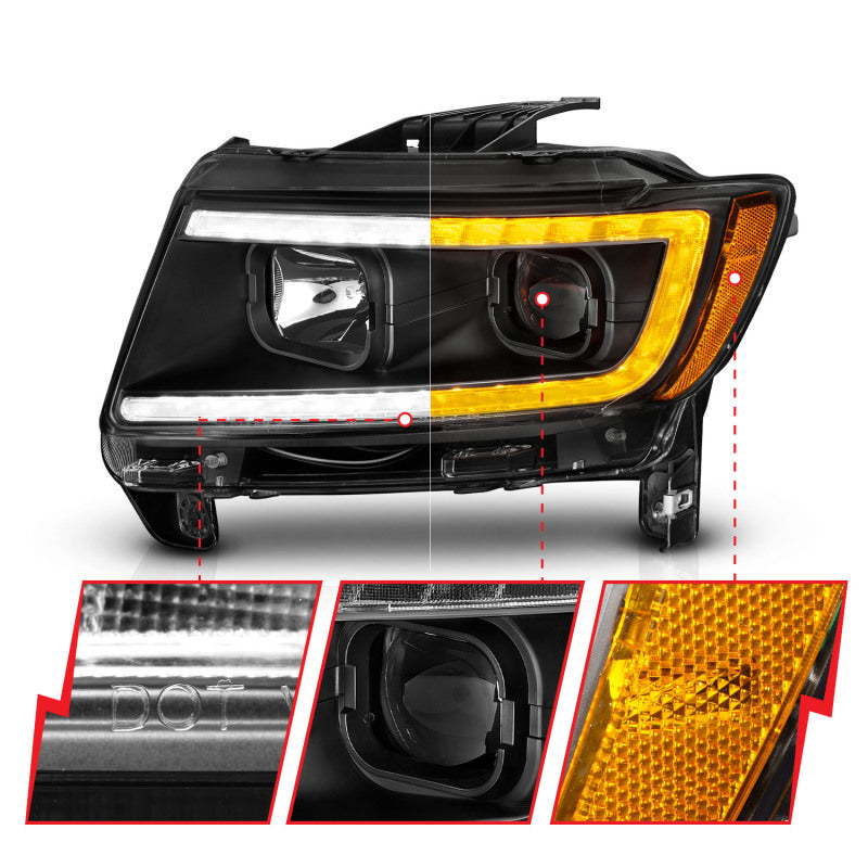 ANZO 11-13 Jeep Grand Cherokee (Factory Halogen Only) Projector Headlights w/Light Bar Swtchbk Black Headlights ANZO