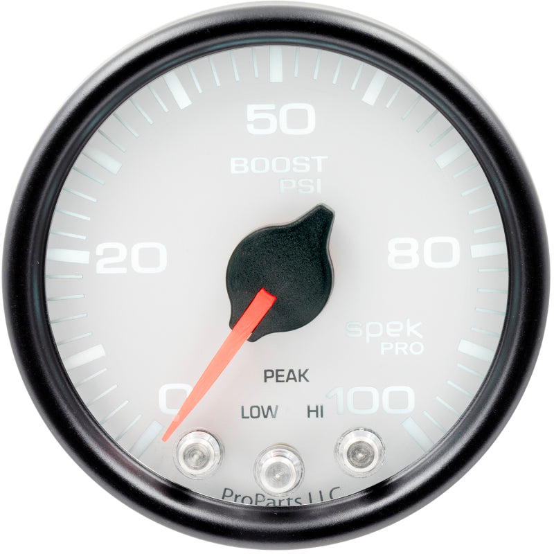 Autometer Spek-Pro Gauge Boost 2 1/16in 100psi Stepper Motor W/Peak & Warn Wht/Blk Gauges AutoMeter