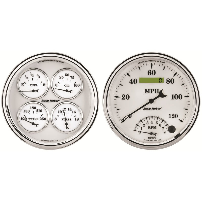 AutoMeter Gauge Kit 2 Pc. Quad & Tach/Speedo 5in. Old Tyme White II Gauges AutoMeter
