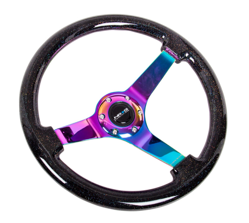 NRG Reinforced Steering Wheel (350mm / 3in. Deep) Classic Blk Sparkle w/4mm Neochrome 3-Spoke Center Steering Wheels NRG