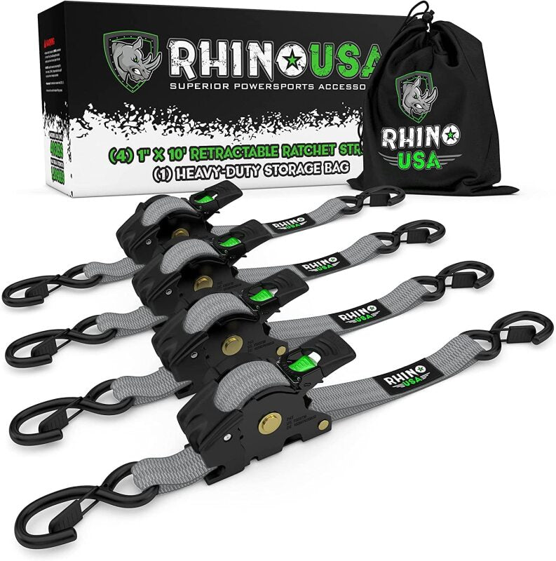Rhino USA Retractable Ratchet Straps (4Pk 1Inx10Ft) (Gray) Tow Straps Rhino USA