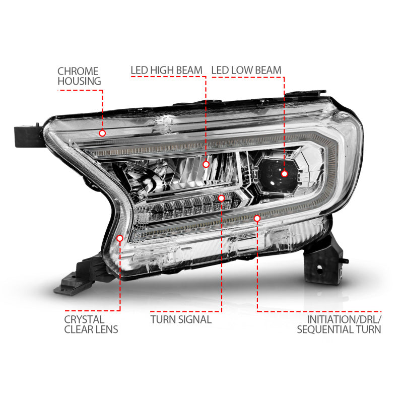 ANZO 19-23 Ford Ranger (Factory Halogen Models) Full LED Proj Headlights DRL/SeqSig Chrome - Pair Headlights ANZO