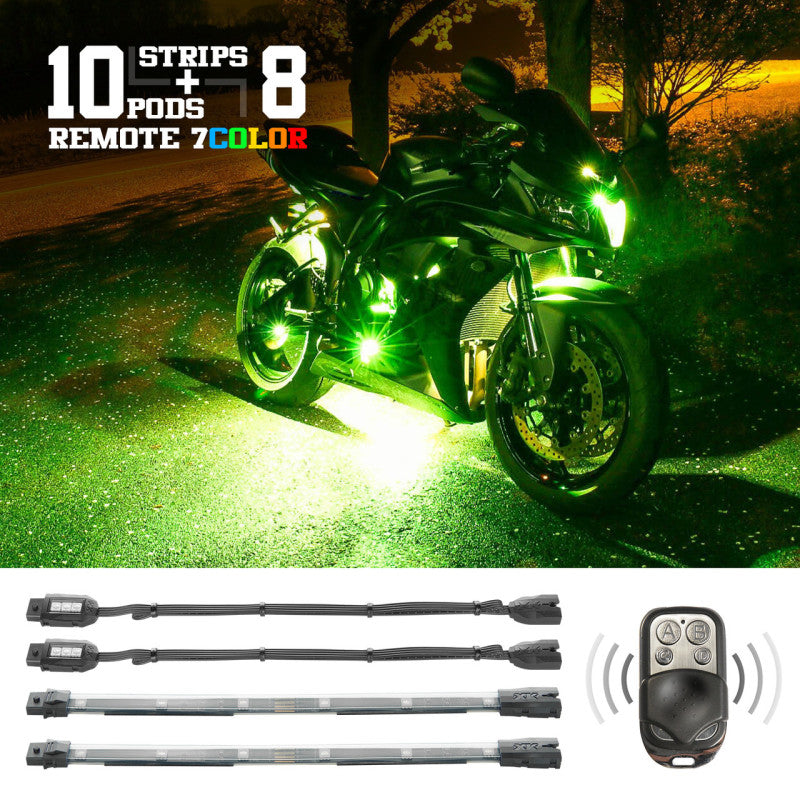 XK Glow Flex Strips 7 Color LED Accent Light Motorcycle/ATV Kit (10xCompact Pods + 8x10In) Light Accessories and Wiring XKGLOW