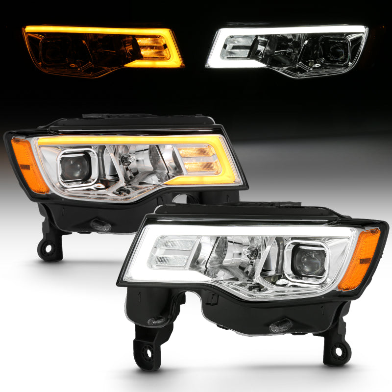 ANZO 2017-2018 Jeep Grand Cherokee Projector Headlights w/ Plank Style Switchback - Chrome w/ Amber Headlights ANZO