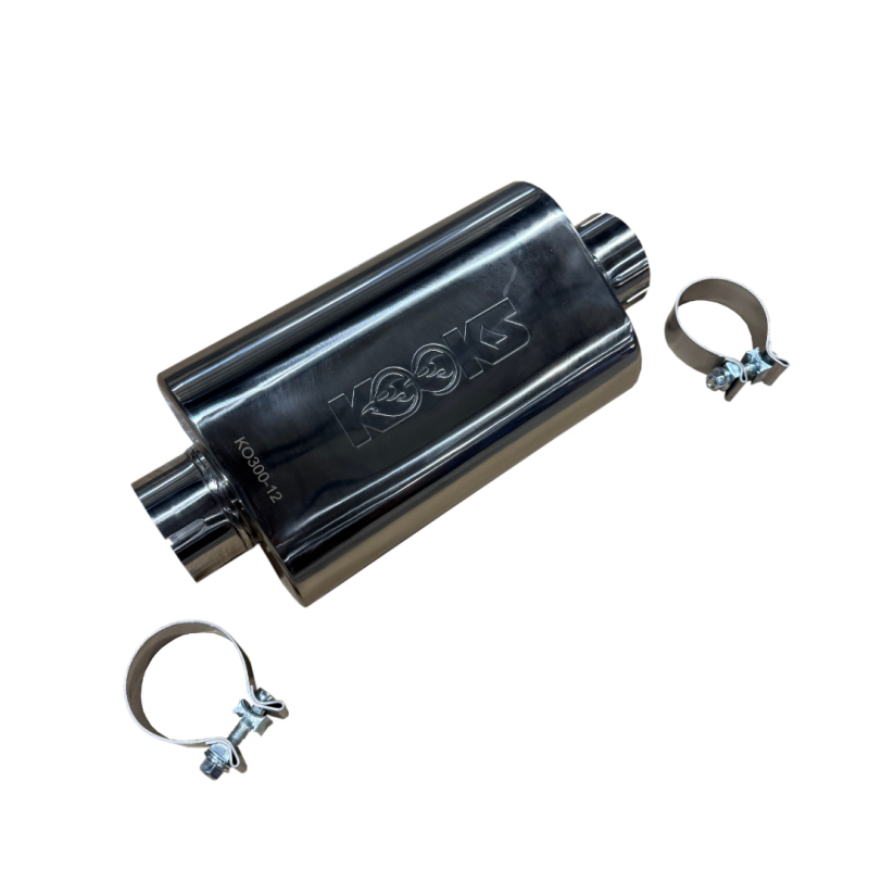 Kooks 3in Oval Clamp In Center/Center Muffler 12in Long Body Polished Stainless Steel Muffler Kooks Headers