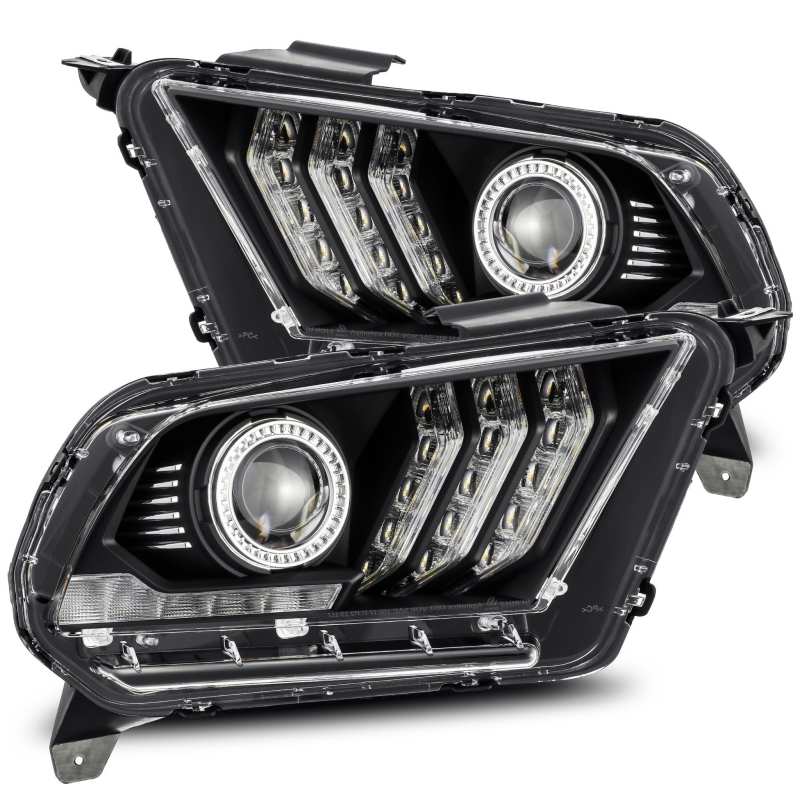 AlphaRex 10-12 Ford Mustang LUXX LED Proj Headlights Plank Style Black w/Activ Light/Seq Signal Headlights AlphaRex