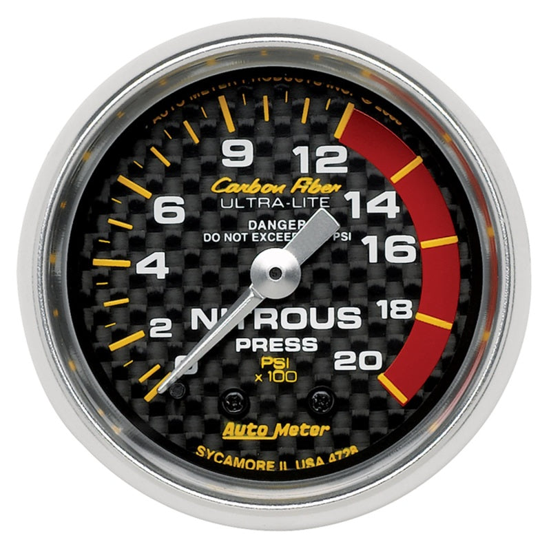 Autometer Carbon Fiber 52mm 1600 PSI Mechanical Nitrous Pressure Gauge Gauges AutoMeter
