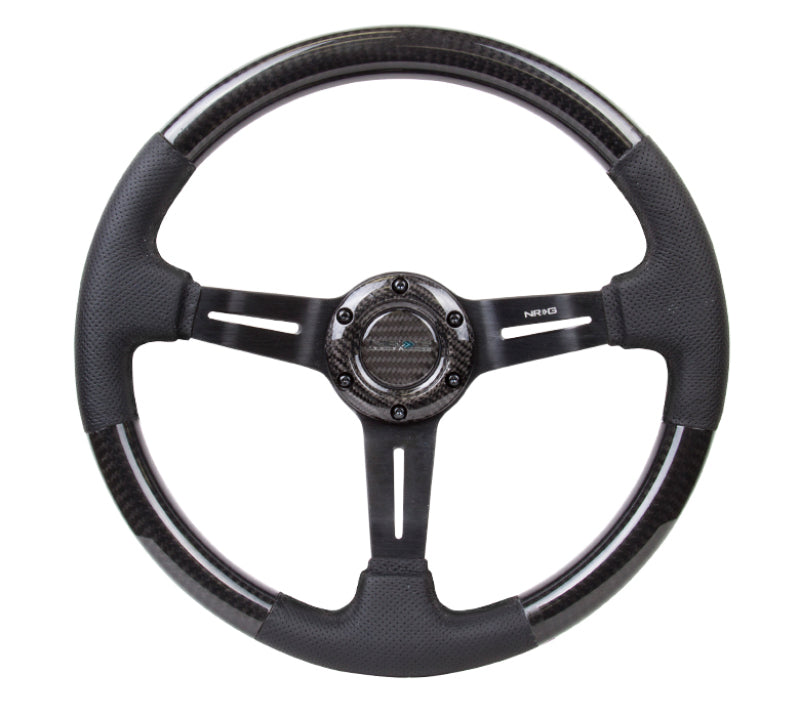 NRG Carbon Fiber Steering Wheel (350mm / 1.5in. Deep) Leather Trim w/Blk Stitch & Slit Cutout Spokes Steering Wheels NRG