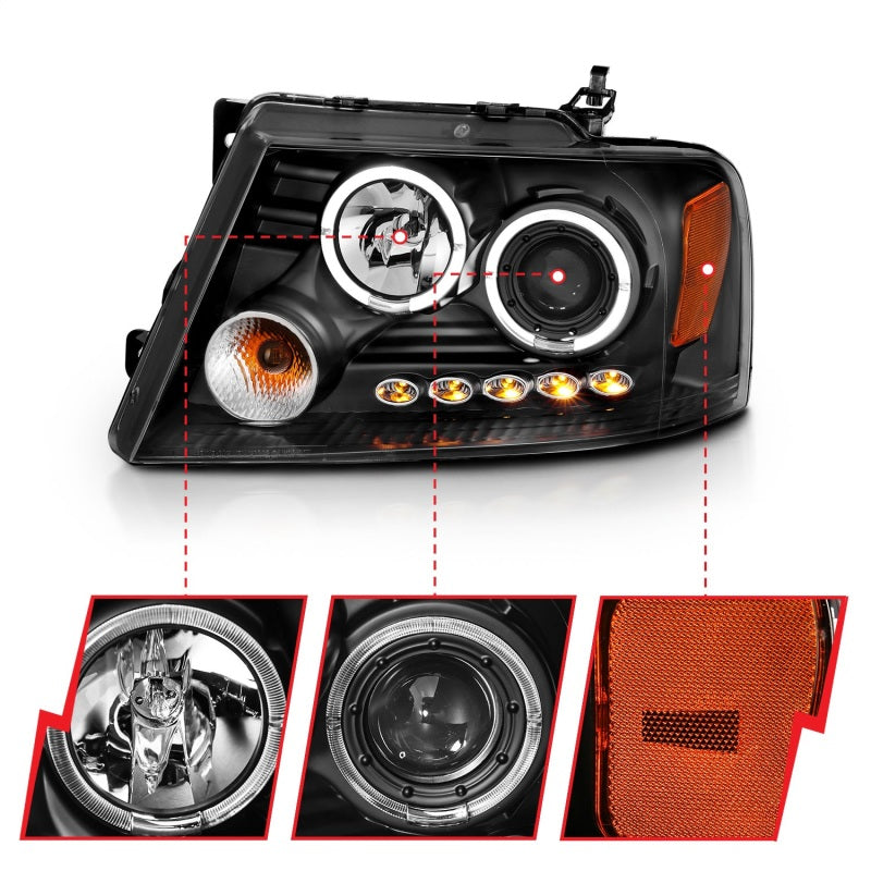 ANZO 2004-2008 Ford F-150 Projector Headlights w/ Halo and LED Black G2 Headlights ANZO