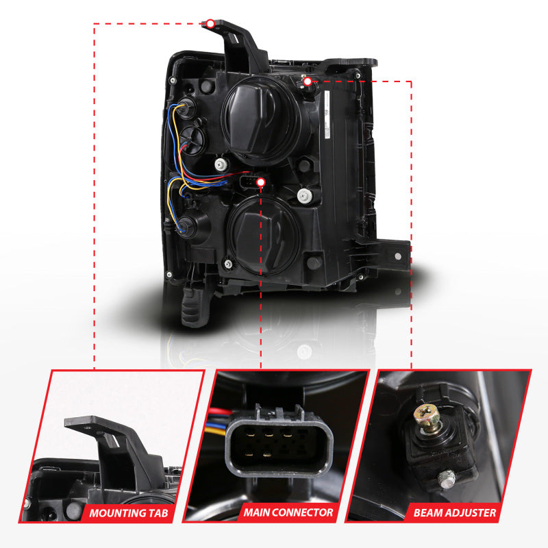 ANZO 14-15 Chevy Silverado 1500 Black Dual Switchback+Sequential LED Tube Sq. Projector Headlights Headlights ANZO