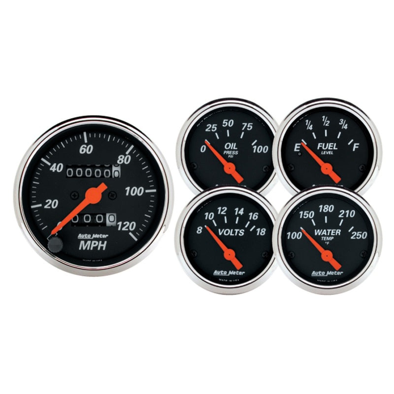 Autometer Designer Black 5pc 100-250deg Temp / 8-18V Volt / 120mph Speed / 100psi Oil / E-F Fuel Gauges AutoMeter