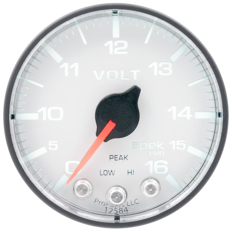 Autometer Spek-Pro Gauge Voltmeter 2 1/16in 16V Stepper Motor W/Peak & Warn Wht/Blk Gauges AutoMeter