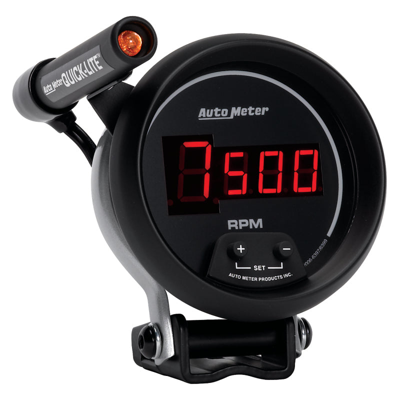 Autometer Quick-Lite Digital 10K RPM Pedestal Mount 3 3/4in Tachometer Black Dial w/ Red LED Gauges AutoMeter