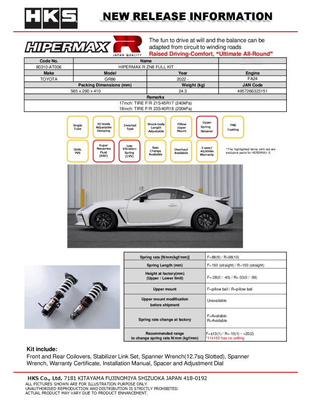 HKS Hipermax R ZN8 Full Kit Coilovers HKS