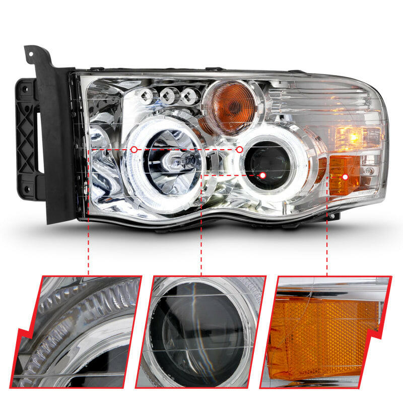 ANZO 2002-2005 Dodge Ram 1500 Projector Headlights w/ Halo Chrome Clear Amber Headlights ANZO
