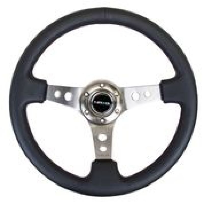 NRG Reinforced Steering Wheel (350mm / 3in. Deep) Blk Leather w/Gunmetal Circle Cutout Spokes Steering Wheels NRG