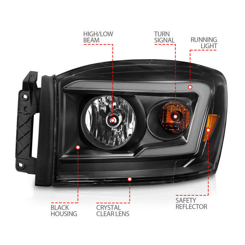 ANZO 06-09 Dodge RAM 1500/2500/3500 Headlights Black Housing/Clear Lens (w/ Light Bars) Headlights ANZO