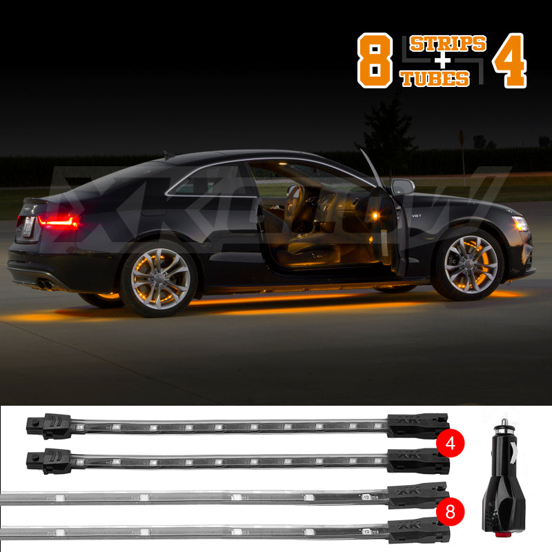XK Glow Strip Single Color Underglow LED Accent Light Car/Truck Kit Amber - 8x24In Tube + 4x8In Light Accessories and Wiring XKGLOW