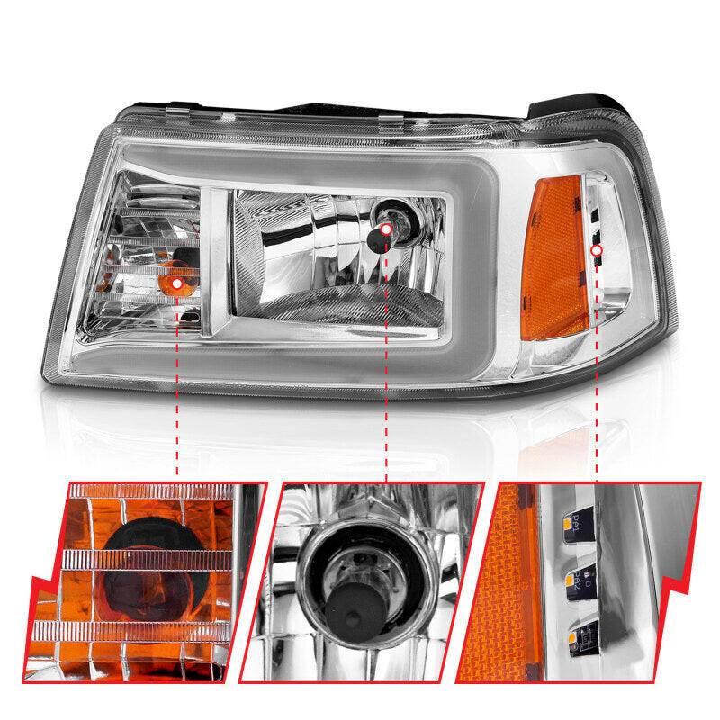 ANZO 2001-2011 Ford Ranger Crystal Headlights w/ Light Bar Chrome Housing Headlights ANZO