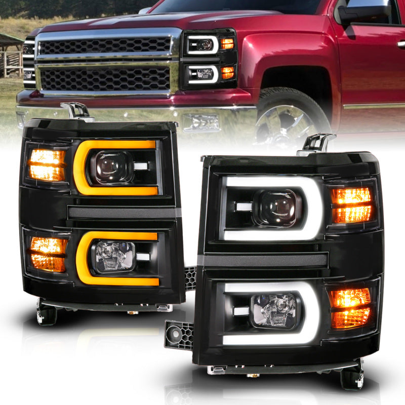 ANZO 14-15 Chevy Silverado 1500 Black Dual Switchback+Sequential LED Tube Sq. Projector Headlights Headlights ANZO