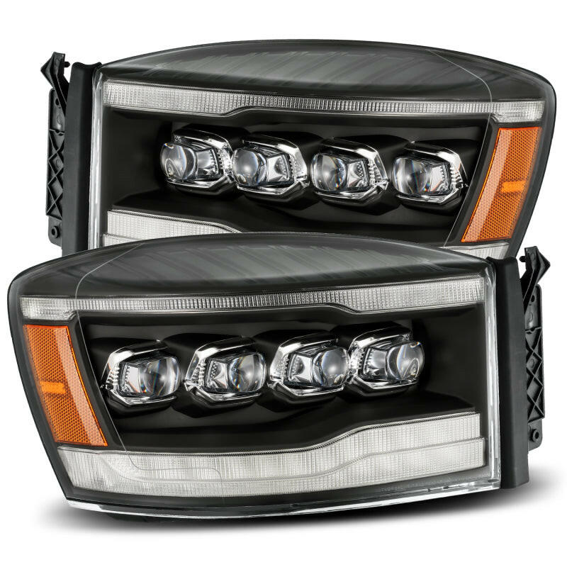 AlphaRex 06-08 Dodge Ram 1500HD NOVA LED ProjHeadlights Plank Style Blk w/Seq Signal/DRL/Amber LED Headlights AlphaRex