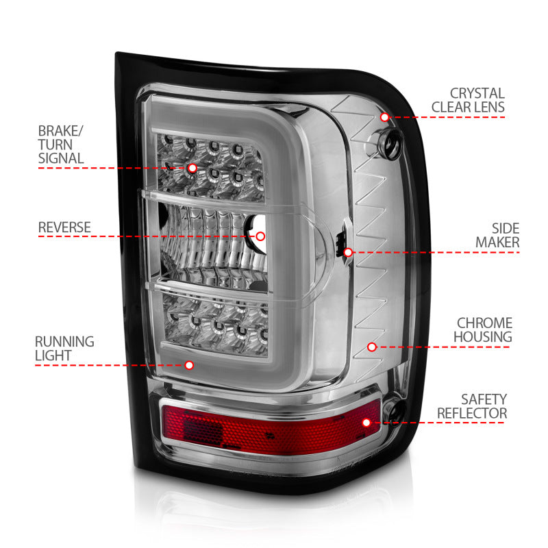 ANZO 2001-2011 Ford Ranger LED Tail Lights w/ Light Bar Chrome Housing Clear Lens Tail Lights ANZO