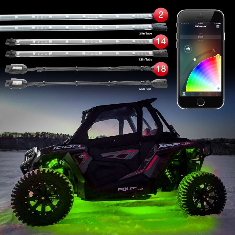 XK Glow Tube + 18xPods Million Color XKCHROME App Controlled Offroad UTV Kit 2x24In Tube + 14x12In Light Accessories and Wiring XKGLOW