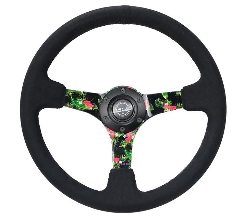 NRG Reinforced Steering Wheel (350mm / 3in. Deep) Black Suede w/ 5mm Floral 3-Spoke Center Steering Wheels NRG