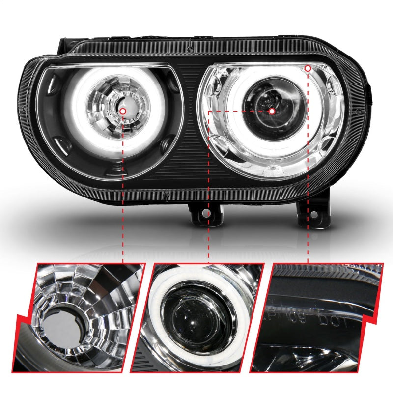 ANZO 2008-2014 Dodge Challenger Projector Headlights w/ Halo Black (CCFL) Headlights ANZO