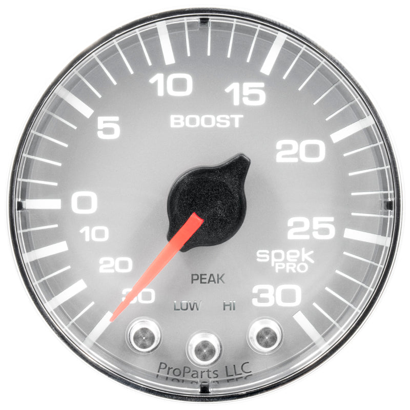 Autometer Spek-Pro Gauge Vac/Boost 2 1/16in 30Inhg-30psi Stepper Motor W/Peak & WarnSilver/Chrome Gauges AutoMeter