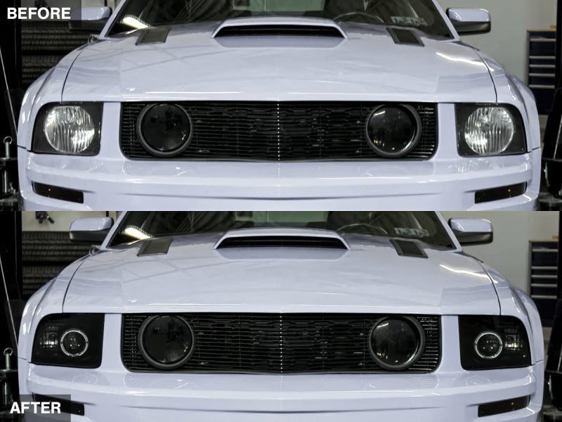 Raxiom 05-09 Ford Mustang Halogen 2010 Style LED Halo Headlights-Blk Hsng(Clear Lens/Excludes GT500) Headlights Raxiom