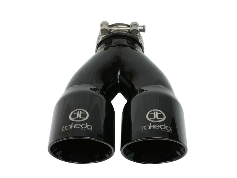 aFe Takeda 2.5in 304 Stainless Steel Clamp-on Exhaust Tip 2.5in Inlet 3in Dual Outlet - Black Tips aFe