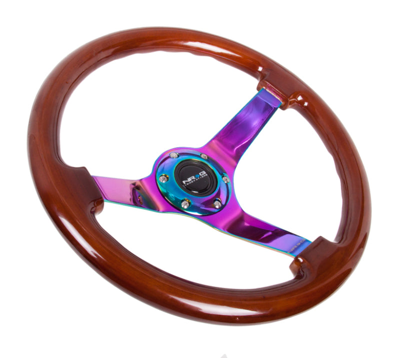 NRG Reinforced Steering Wheel (350mm / 3in. Deep) Classic Dark Wood w/4mm Neochrome Solid 3-Spoke Steering Wheels NRG