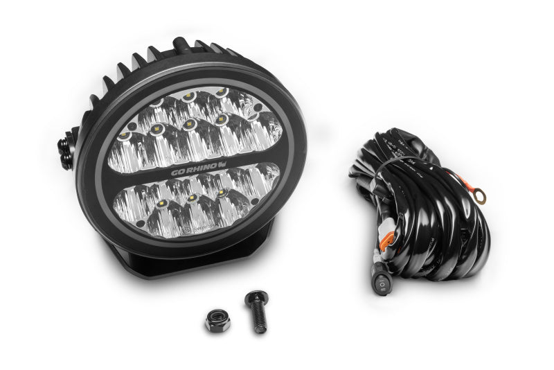 Go Rhino Xplor Blackout Series Round LED Driving Light w/DRL (Surface/Threaded Stud Mnt) 7in. - Blk Light Bars & Cubes Go Rhino