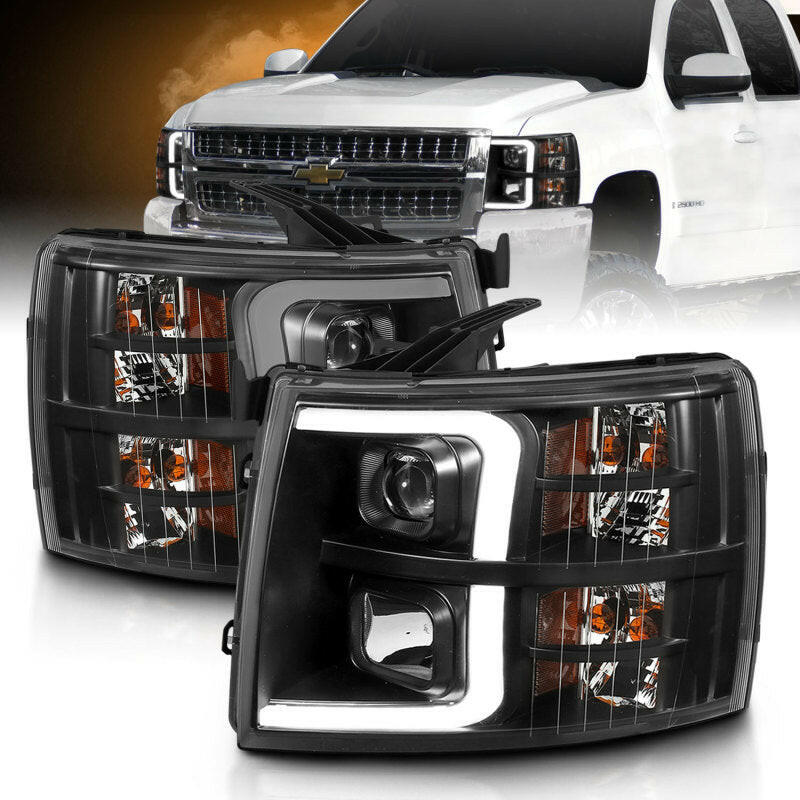ANZO 07-13 Chevrolet Silverado 3500 Projector Headlights - Black Amber Headlights ANZO