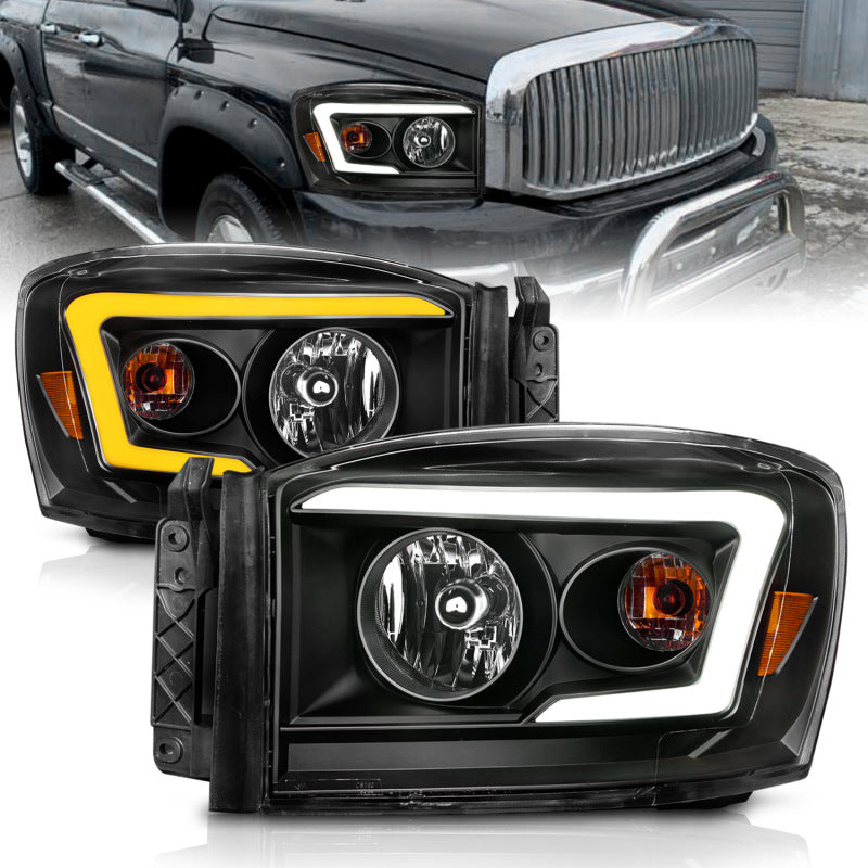 ANZO 06-09 Dodge RAM 1500/2500/3500 Headlights Black Housing/Clear Lens (w/Switchback Light Bars) Headlights ANZO