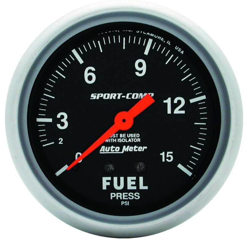 AutoMeter Gauge Fuel Pressure 2-5/8in. 15PSI Mechanical W/Isolator Sport-Comp Gauges AutoMeter