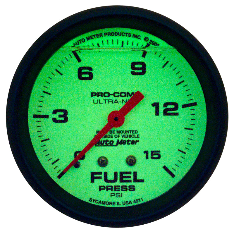 Autometer Ultra-Nite 2-5/8in 15psi Mechanical Glow In The Dark Fuel Pressure Gauge Gauges AutoMeter