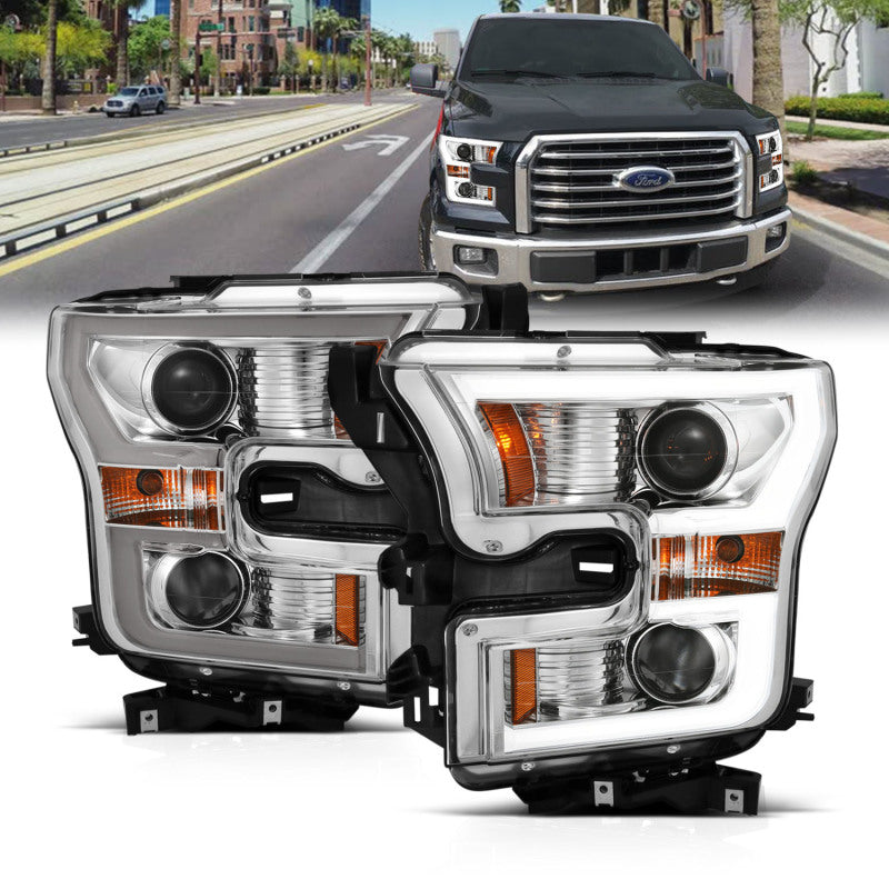 ANZO 2015-2017 Ford F-150 Projector Headlights w/ Plank Style Switchback Chrome w/ Amber Headlights ANZO