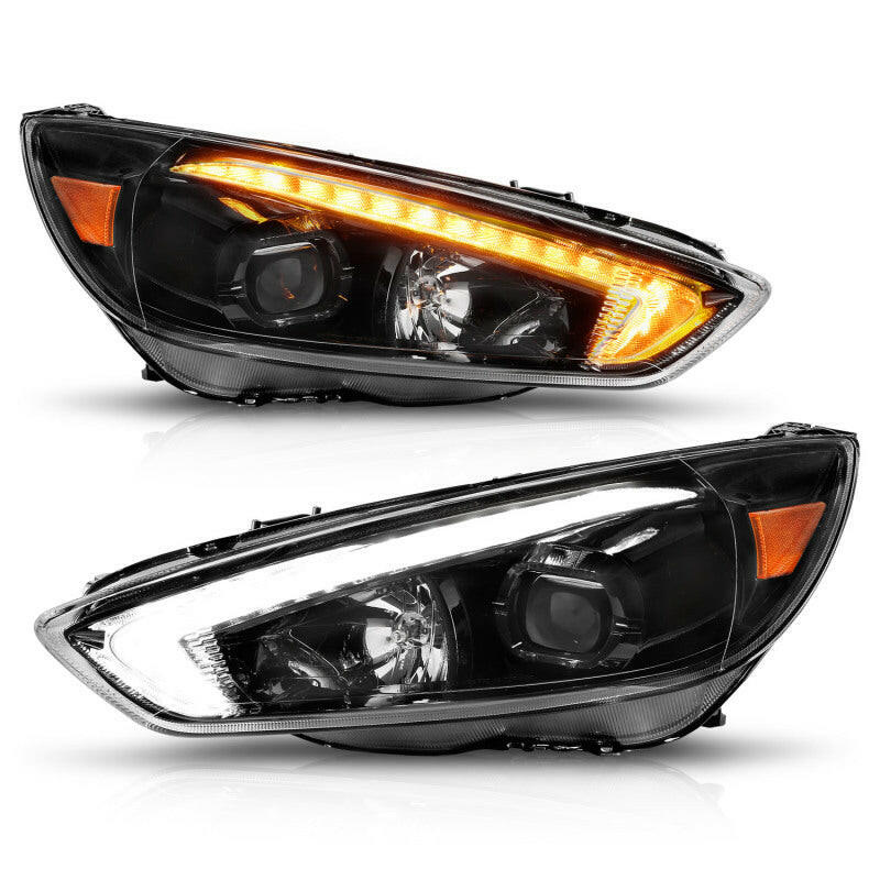 ANZO 15-18 Ford Focus Projector Headlights - w/ Light Bar Switchback Black Housing Headlights ANZO