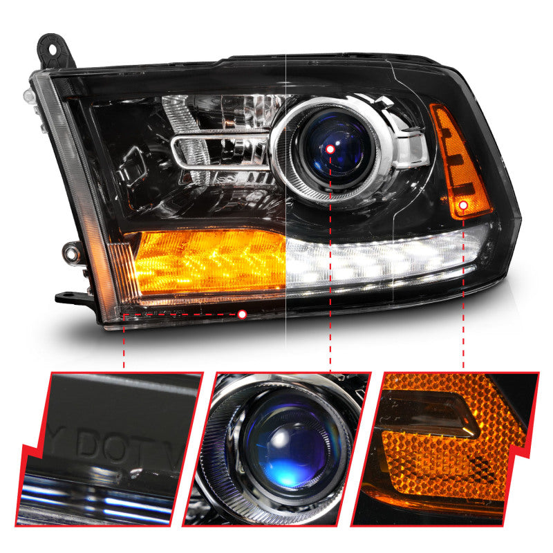 ANZO 09-18 Dodge 1500-3500 LED Plank Style Headlights w/Switchback+Sequential Hyper Black (OE Style) Headlights ANZO