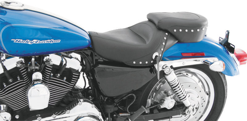 Mustang 04-21 Harley Sportster 3.3 GAL Standard Touring Solo Seat w/Studs - Black Solo Motorcycle Seats Mustang Motorcycle